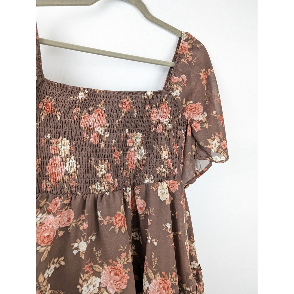 Floral Tiered Smocked Mini Dress Size M Brown Pink Cottagecore Romantic Fairy - Picture 5 of 10